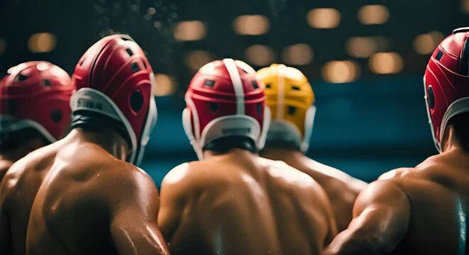 Back view of players of a water polo team.