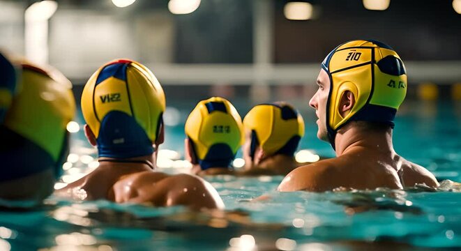 Back view of players of a water polo team.