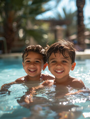 portrait of two Hispanic little boys in the water by the pool, palm tree shadow, summer