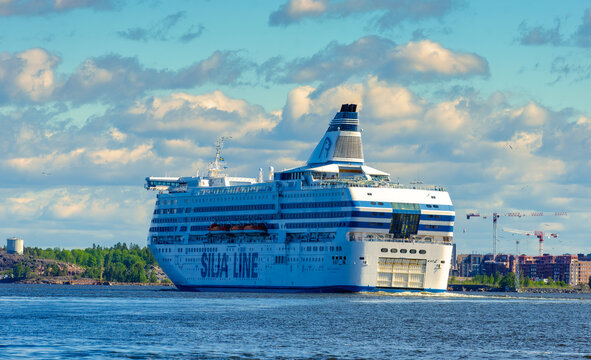Siljaline symphony cruise passanger ship ferry at baltic sea near Finland near Helsinki capital. Finnish shipping company.  Beautiful summer photo 6.16.2022