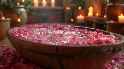 A luxurious bath scene with rose petals bath salts