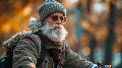Fototapeta premium Mature beard man riding his bicycle.