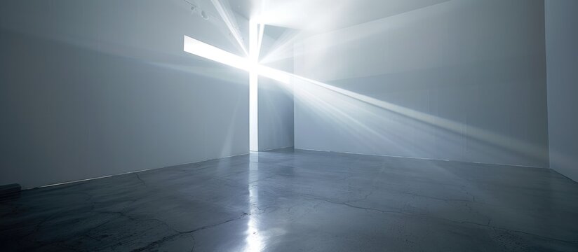 Conceptual image of a cross glowing in an empty, white room. 