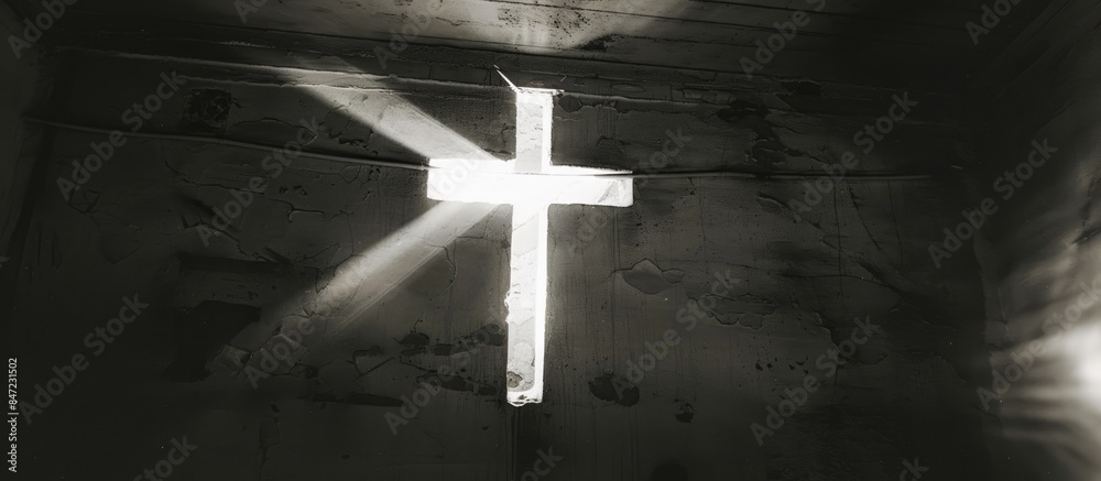 Wall mural Cross in dark room with light and shadow. - Wall murals