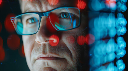 man in glasses with code reflections on face