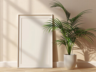 empty frame with potted plant on beige background