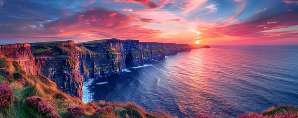 Naklejka premium impressive cliff coast and sunset ocean