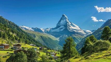 Fototapeta premium a mountain landscape adorned by lush green meadows and dense pine forests reaching up to the skyline, under the clear blue skies, evoking a sense of awe and tranquility.
