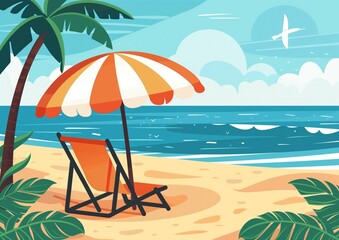 Obraz premium Tropical Beach Scene with Umbrella and Chair by the Ocean