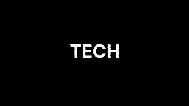 Tech text with screen effects of technological failures. Spectacular screen glitch with various kinds of interference. Looped