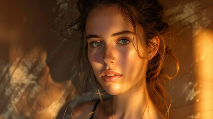 A woman bathed in golden sunlight her eyes gleaming with a serene intensity