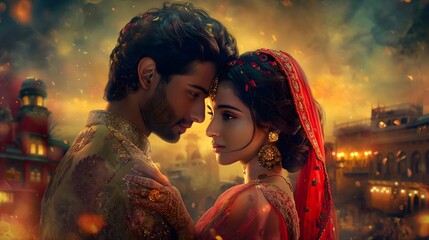 poster for an Indian TV show, a love story of a beautiful film actress & a rowdy desi boy, background should show film industry meet small town, cinematic lighting © GreenOptix