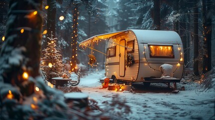 Cozy Camper Van Decorated With Lights in a Snowy Forest at Night