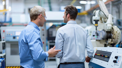 Obraz premium Two professionals talk beside industrial equipment in a manufacturing plant