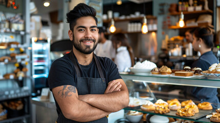Fototapeta premium Happy baker standing with arms crossed in a warm bakery filled with delicious pastries