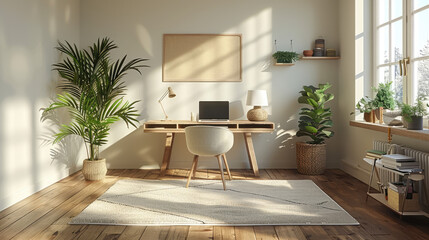 Fototapeta premium A modern home office setup with a sleek desk, laptop, and minimalist decor, bathed in natural sunlight