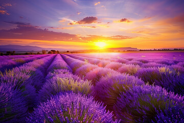 Breathtaking sunset scenery of a magnificent french lavender field in its full vibrant bloom.