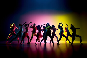 Silhouettes of female dancers performing choreographed routine in studio under colorful lighting