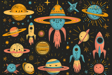 A cartoon illustration of colorful rockets flying through space with planets and stars.