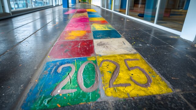 Schulkinder malen ein Spielfeld auf den Pausenhof mit der Zahl 2025 und einigen Felder zum spielen