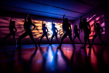 Silhouetted dancers performing choreographed routine in studio