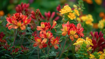 Fototapeta premium Peacock flowers in the garden featuring red and yellow hues alongside green foliage