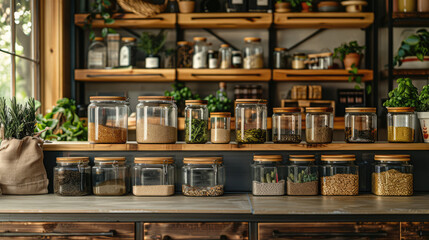 A modern kitchen with reusable containers, cloth bags, and zero-waste products prominently displayed