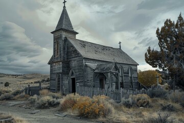 Fototapeta premium Abandoned wooden church building with broken windows is falling apart on the great plains