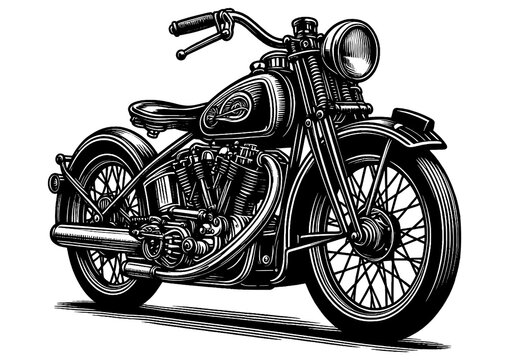 recommend clip art: classic motorcycle, featuring detailed design elements and engine parts sketch engraving generative ai PNG illustration. Scratch board imitation. Black and white image.