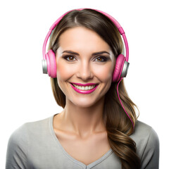 Fototapeta premium Happy woman wearing pink headphones smiling on transparent background