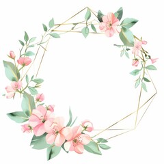 Fototapeta premium Gold geometric frame with a pink floral wreath on a white background 
