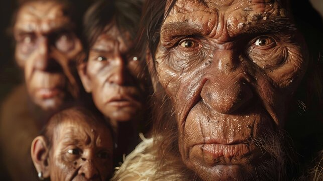 Family portrait of Neanderthals in prehistoric era
