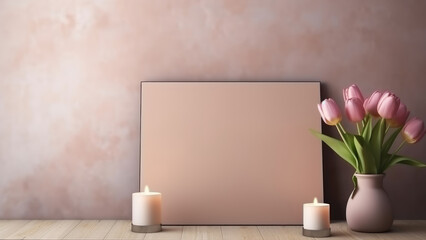A serene arrangement of pink tulips and softly glowing candles, creating a peaceful and romantic ambiance perfect for relaxation and tranquility.

