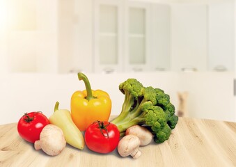 Home kitchen table with fresh vegetables food