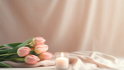 A serene arrangement of pink tulips and softly glowing candles, creating a peaceful and romantic ambiance perfect for relaxation and tranquility.

