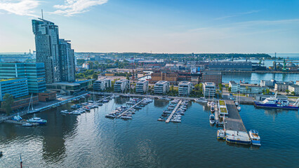 Aerial landscape of the harbor in Gdynia with modern architecture at sunset. Poland
