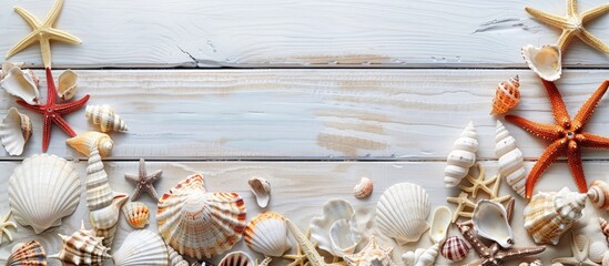 Summer Beach Scene with Shells and Accessories on White Wood Panel, Top-Down Border Design with Room for Text