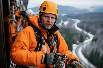 confident construction worker in safety gear, industrial mountaineering