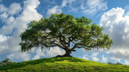 Obraz premium An ancient oak tree stands majestically on a hill in a green meadow, set against a sky dotted with clouds. Its sprawling branches exude grandeur and peace, blending seamlessly with nature.