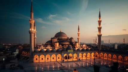 Naklejka premium Blue mosque illuminated at night, AI Generative.