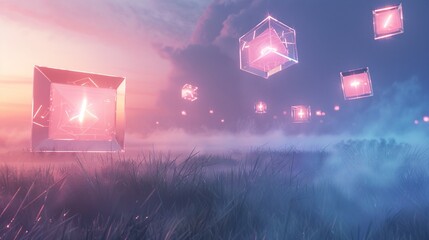 A cyber abstraction of neon cubes hovers above a misty field. The bright neon hues and geometric...