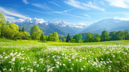 Fototapeta premium a mountain landscape adorned by lush green meadows and dense pine forests reaching up to the skyline, under the clear blue skies, evoking a sense of awe and tranquility.