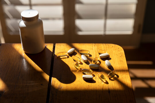 Fish Oil supplement Capsule pill bottle of Vitamin D 