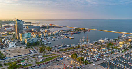 Aerial landscape of the harbor in Gdynia with modern architecture at sunset. Poland