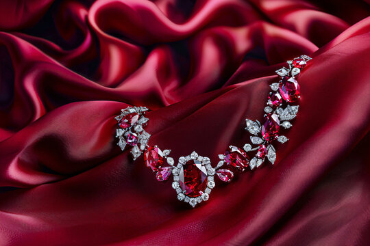 A beautiful ruby and diamond necklace presented on red silk	