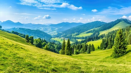 Naklejka premium a mountain landscape adorned by lush green meadows and dense pine forests reaching up to the skyline, under the clear blue skies, evoking a sense of awe and tranquility.