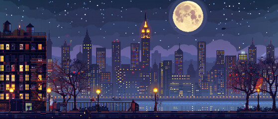 city ​​at night with full moon game platform illustration background