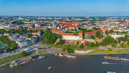 Krakow panorama with Wawel castle and Vistula river. Aerial view. Poland