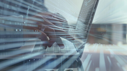 hands typing on laptop keyboard with digital data overlay