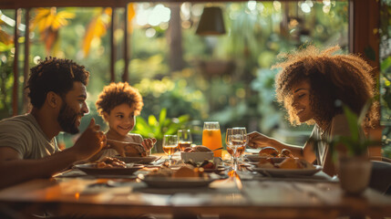 A multicultural family enjoying a meal together in a cozy dining room, highlighting different...